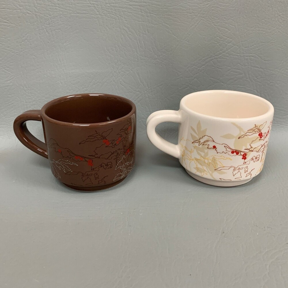 Starbucks Coffee Bean Plant Cups Brown Cream 2009 10 fl oz Stackable Lot of 2‎